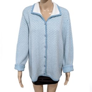 Vintage Koret Chevron Knit Cardigan Sweater Blue Collared Preppy Coastal Size L